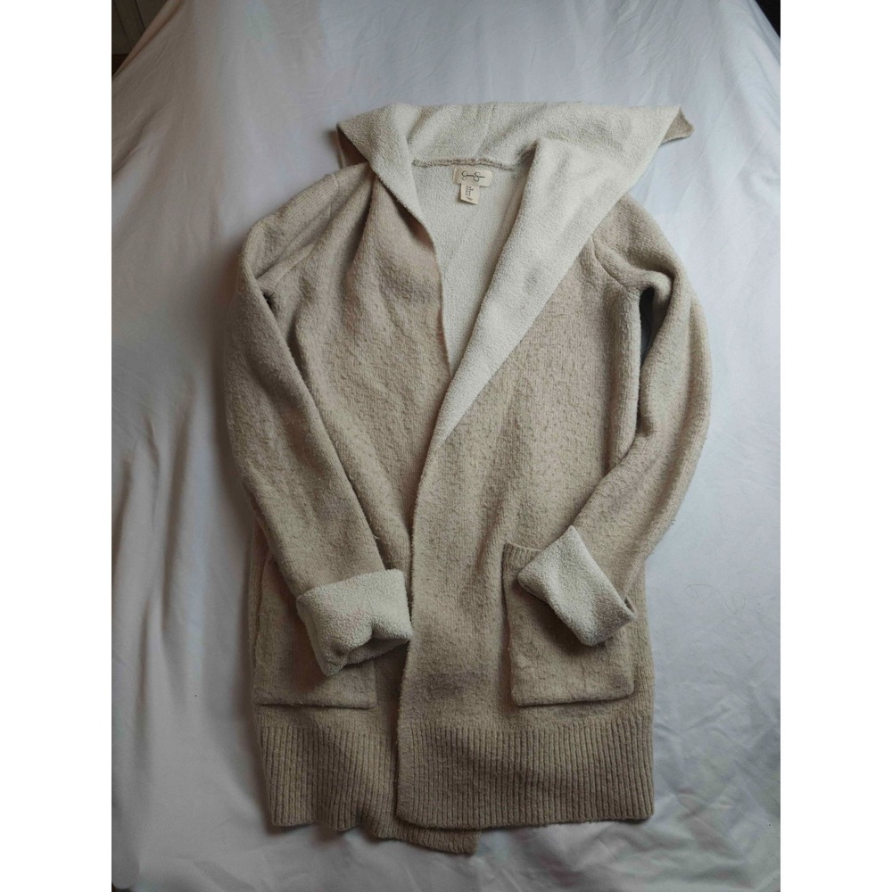 Jessica Simpson Hooded Cardigan Sweater Womens Medium Beige Knit Pockets Open